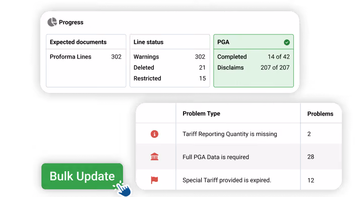 Dashboard showing document progress and line status with problem types and a green Bulk Update button.