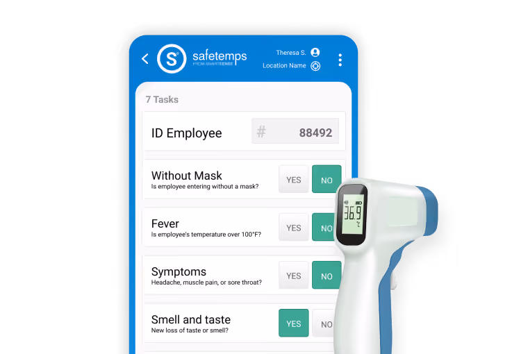 Thermometer reading 36.9°C next to Safetemps app screen with employee health checklist.