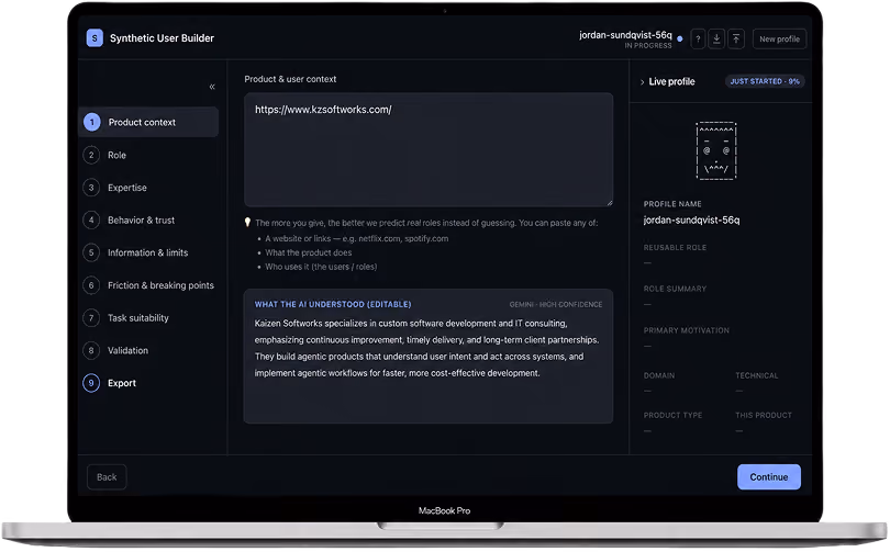 Synthetic User Builder web app shown on a MacBook Pro