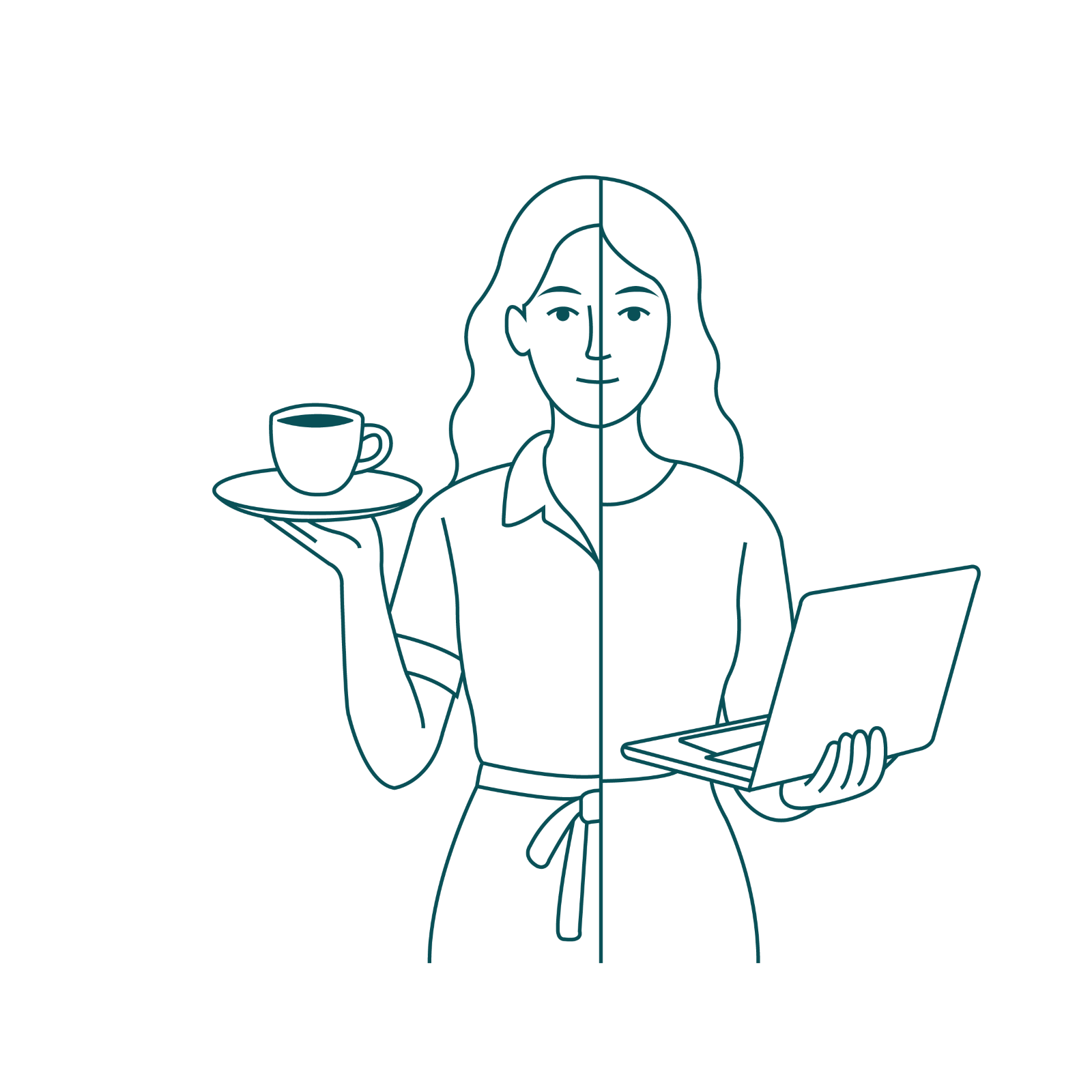  Illustration of a woman holding a coffee tray in one hand and a laptop in the other, symbolizing working while studying in Ireland.