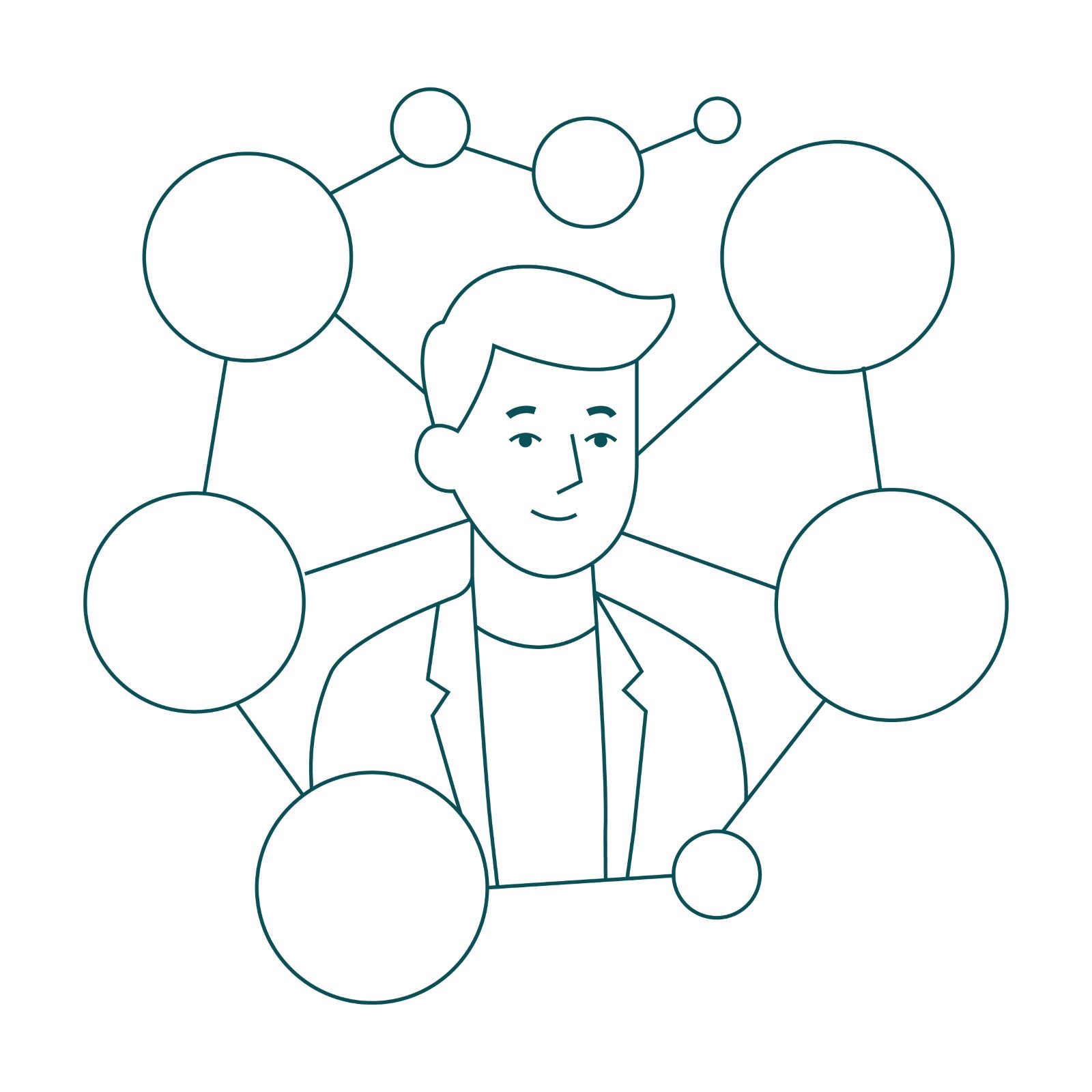 Illustration of a young professional surrounded by connected circles, representing career opportunities and networking in Ireland.