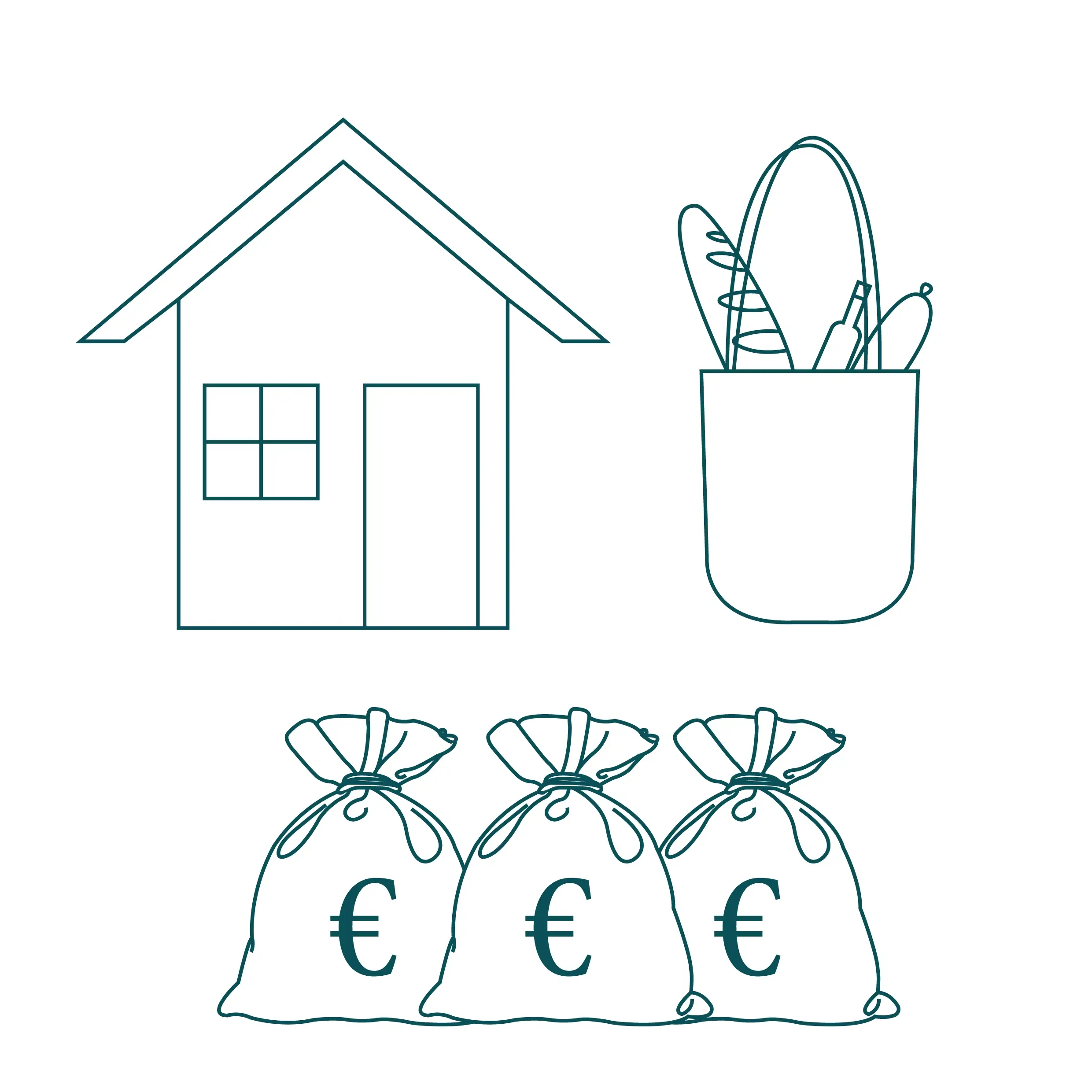 Icons representing housing, groceries, and money bags to illustrate cost of living essentials in Ireland.