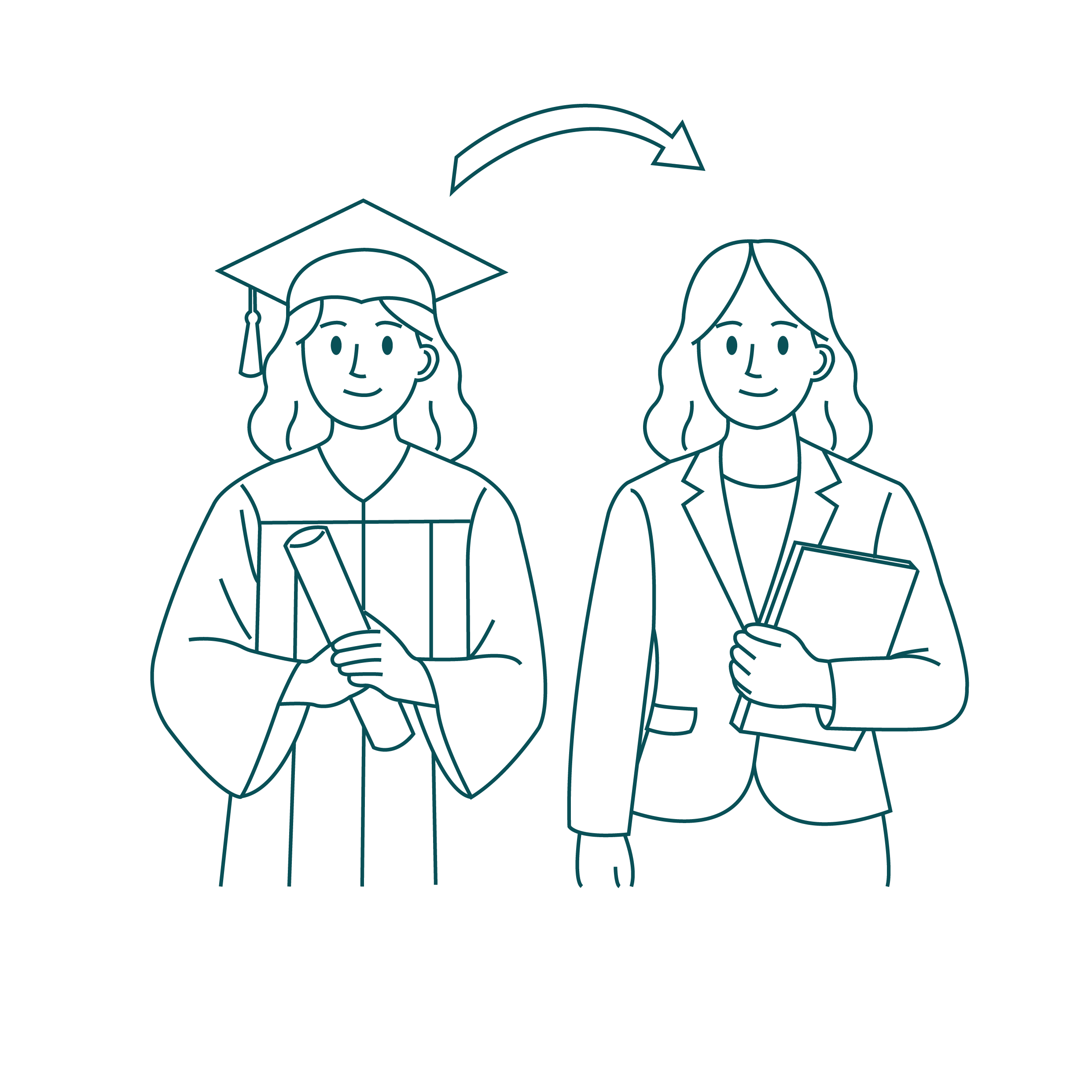 Illustration showing a student in graduation attire transitioning into a professional outfit, symbolizing the path from graduation to entering the workforce in Ireland