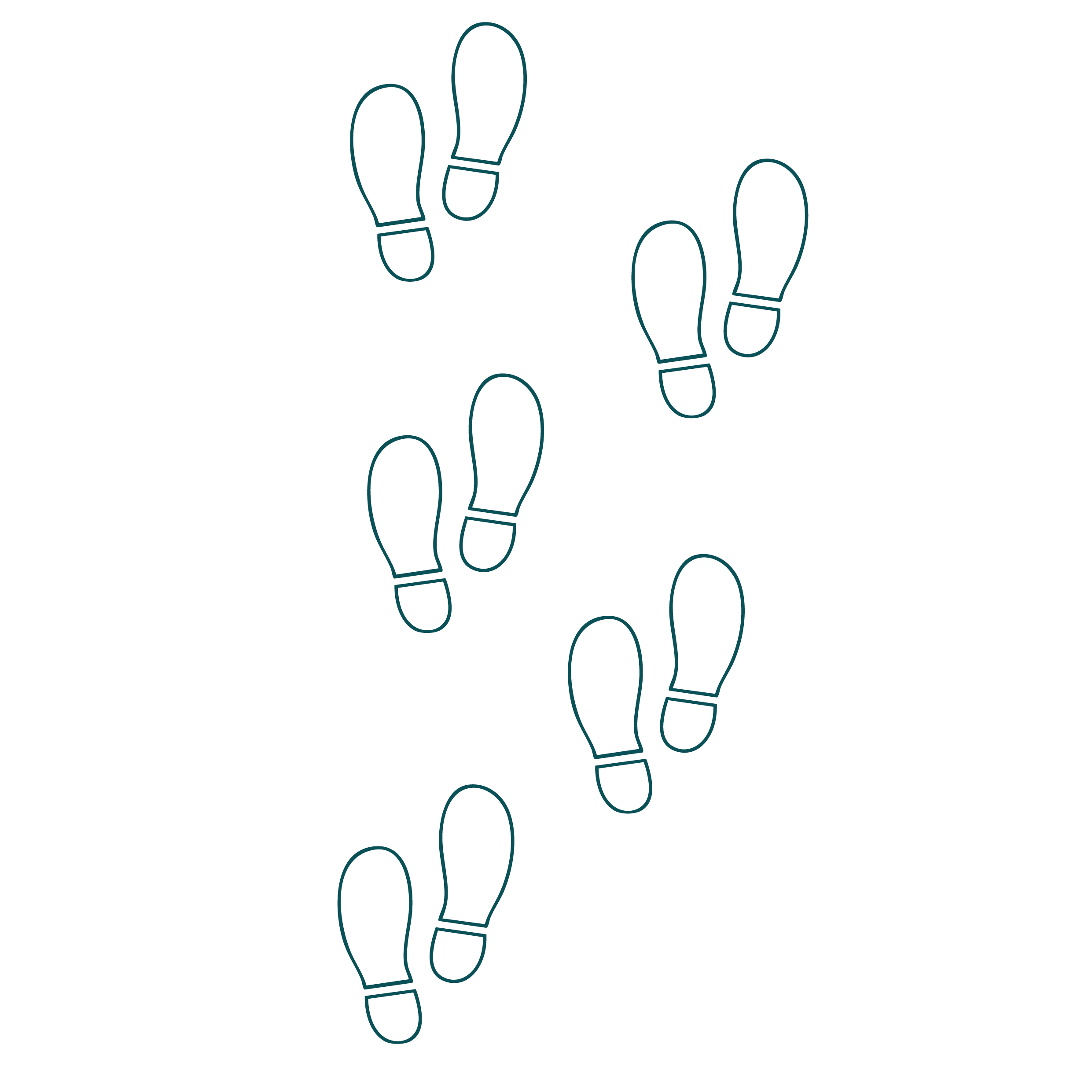 Illustration of a trail of eight outlined shoeprints forming a forward-moving path, symbolizing progress and the step-by-step journey for students starting the visa or study abroad process in Ireland.