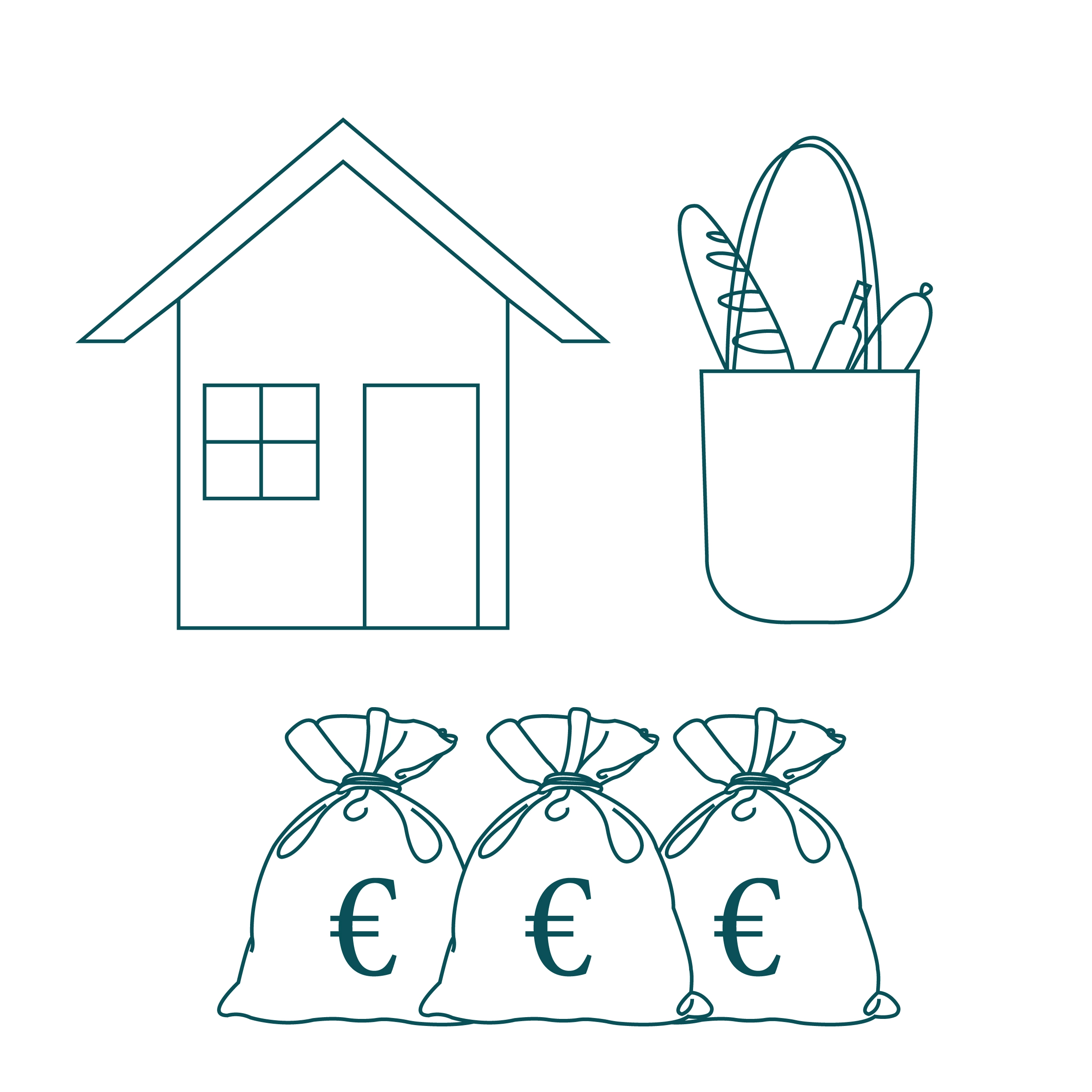 Ilustración del coste de vida en Irlanda con iconos de vivienda, comida y bolsas de dinero.