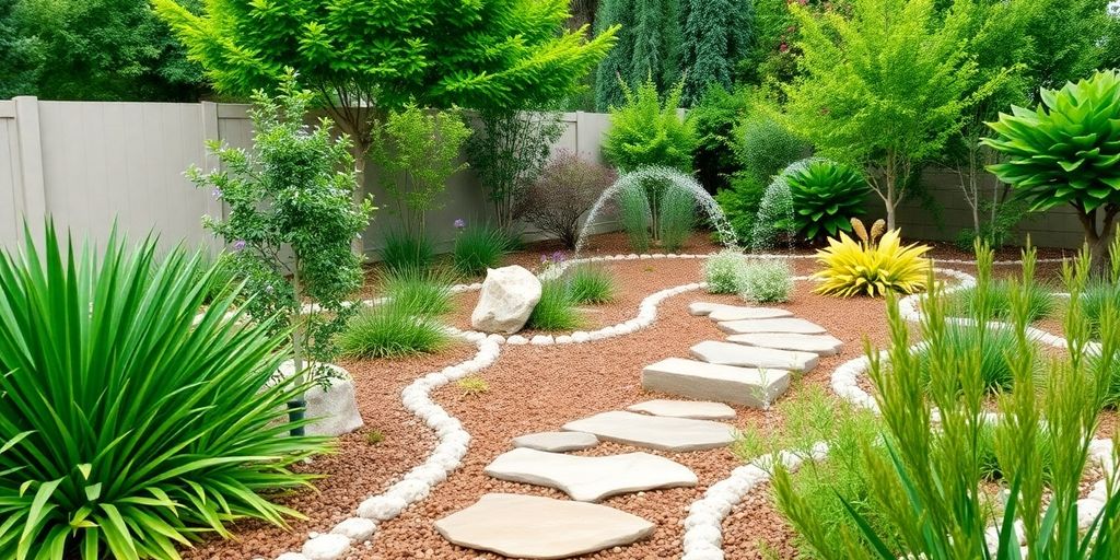 Lush low-maintenance landscaping with automated irrigation system.