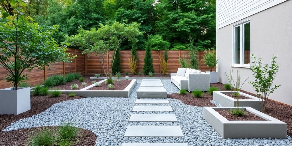 Elegant hardscaping with stone paths and minimalist gardens.