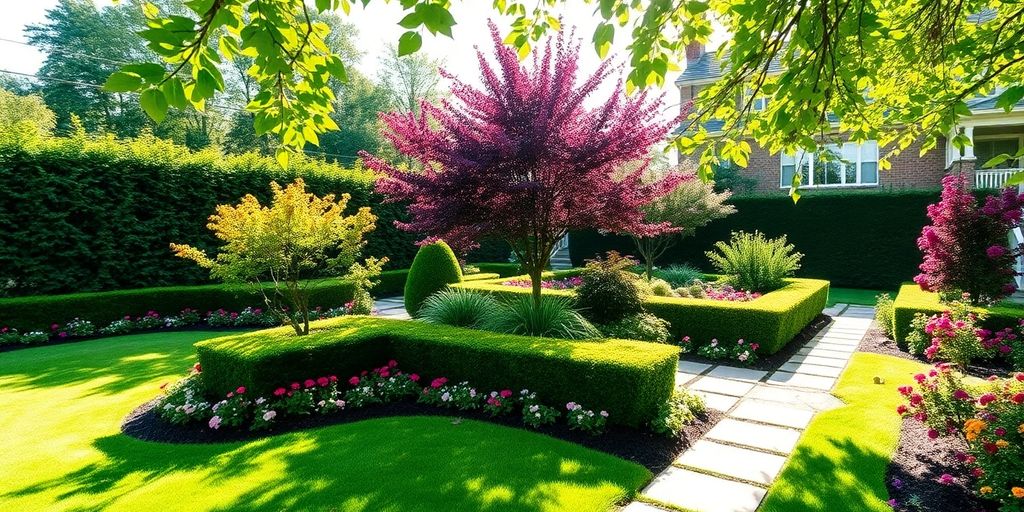Vibrant landscaped garden with colorful flowers and neat hedges.