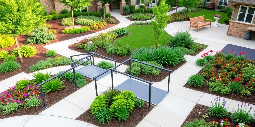 Beautiful landscaped garden with accessible pathways and seating.