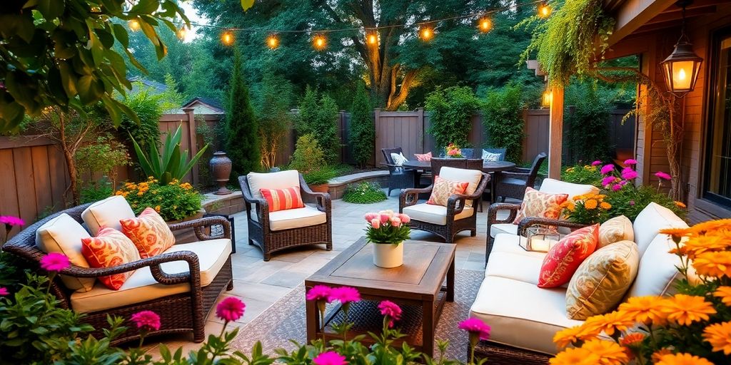 Cozy backyard with furniture and greenery for relaxation.