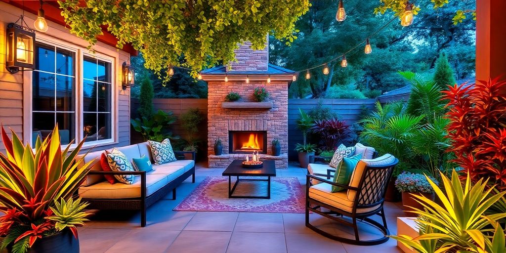 Cozy outdoor living space with seating and greenery.