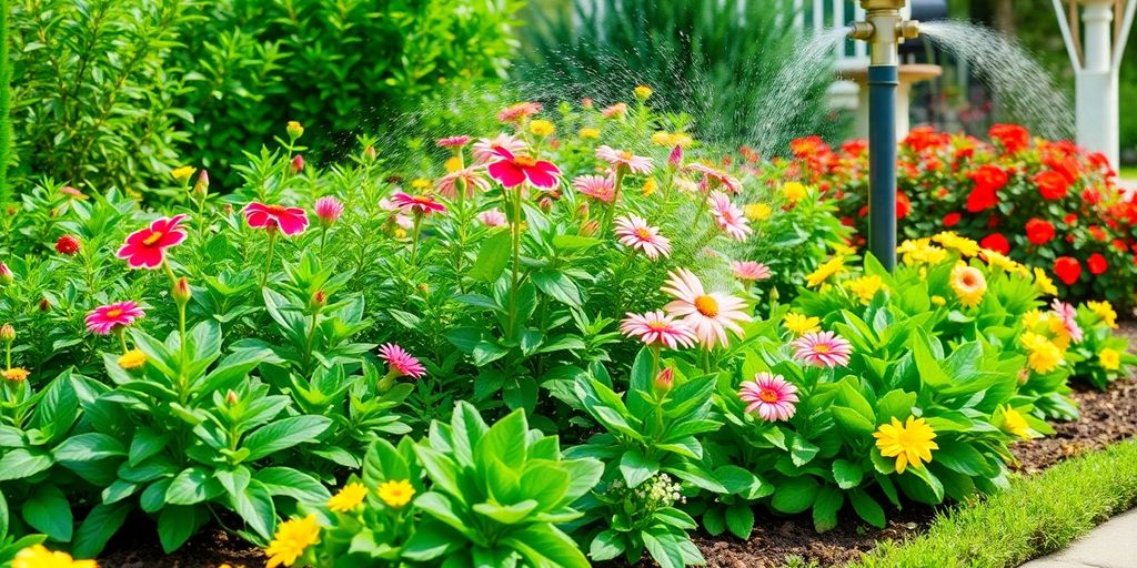 Vibrant landscape with plants and modern irrigation system.