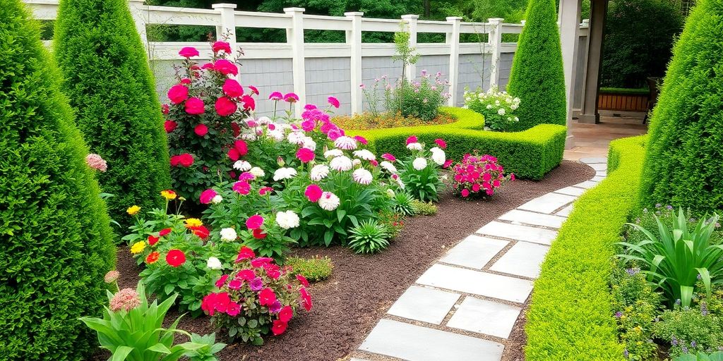 Beautifully landscaped garden with flowers and stone pathway.