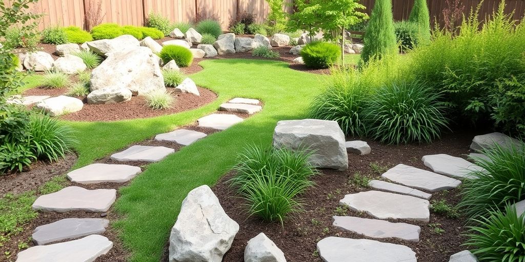 Stone pathways in a lush, eco-friendly yard.