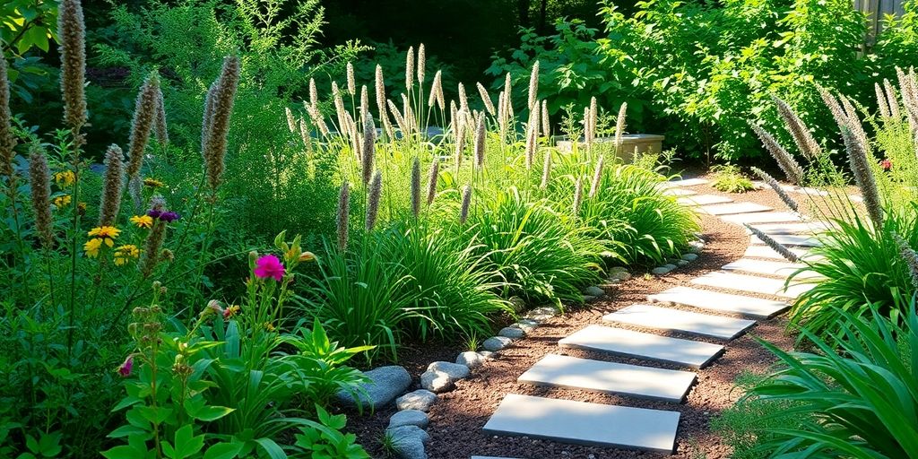 Lush sustainable garden with native plants and stone pathway.