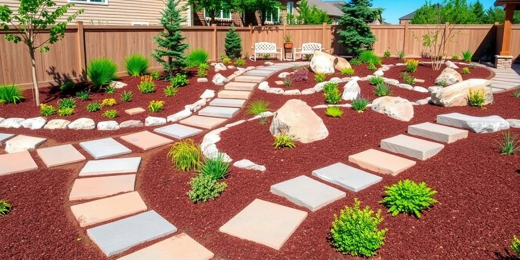 Beautiful hardscaping with stone paths and lush greenery.