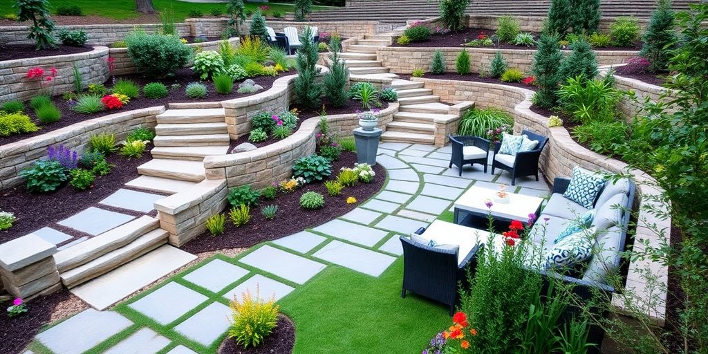 Stylish hardscaped outdoor space with stone pathways and greenery.