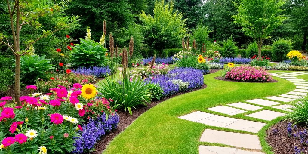 Vibrant garden with flowers, greenery, and stone pathways.