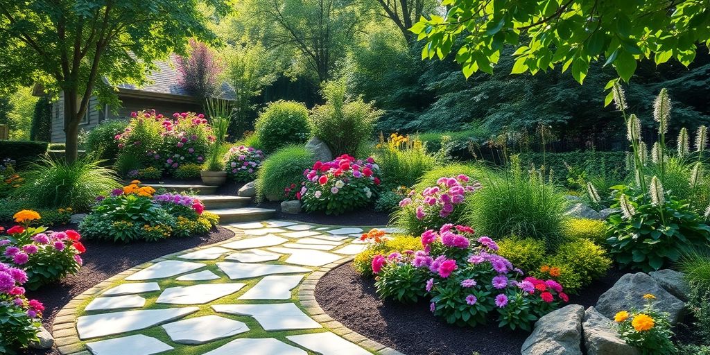 Vibrant garden with flowers, greenery, and stone pathways.