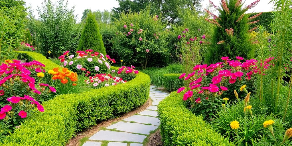 Vibrant landscaped garden with flowers and stone pathway.