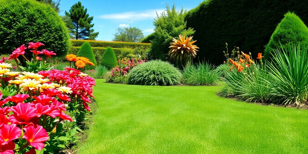 Vibrant garden with flowers and healthy shrubs.