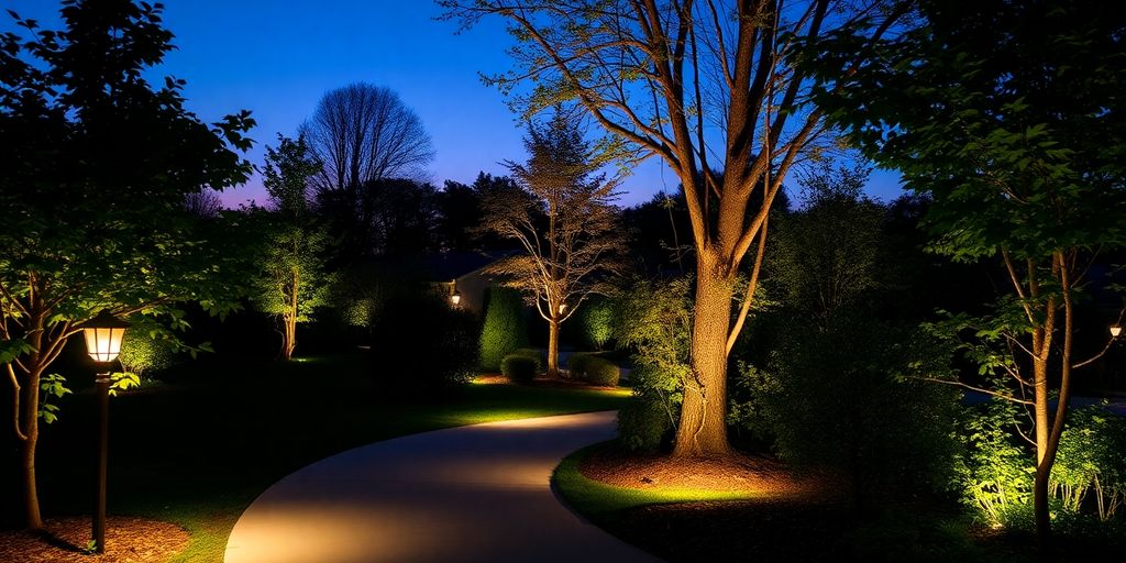 Outdoor space with motion sensor lights illuminating pathways.