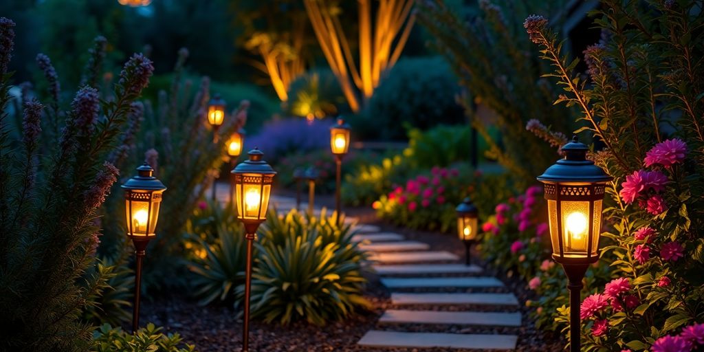 Decorative lamps illuminating a garden pathway at night.