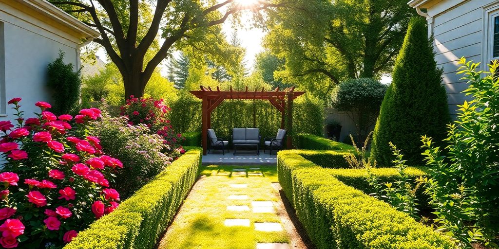 Vibrant garden with flowers and outdoor seating area.