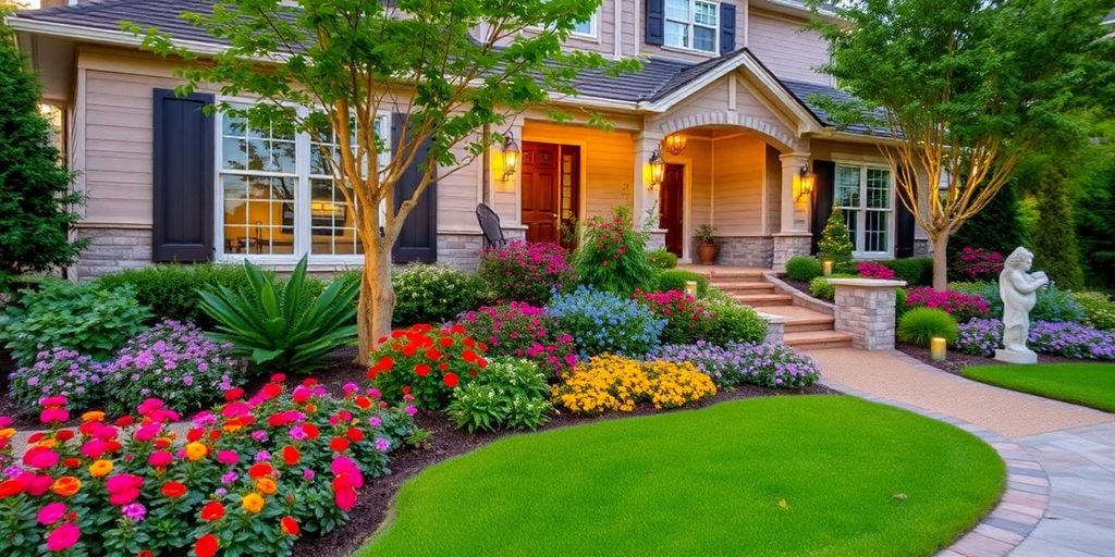 Landscaped front yard with flowers and decorative lighting.