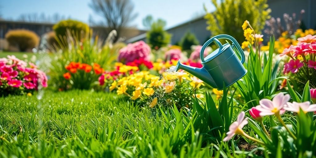 Spring landscape with flowers and watering can in garden.