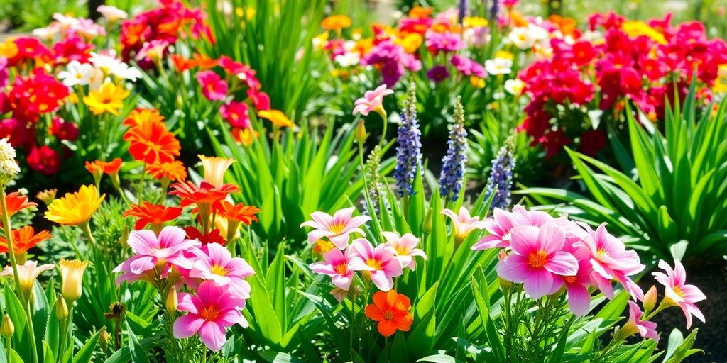 Colorful spring garden with flowers and green plants.