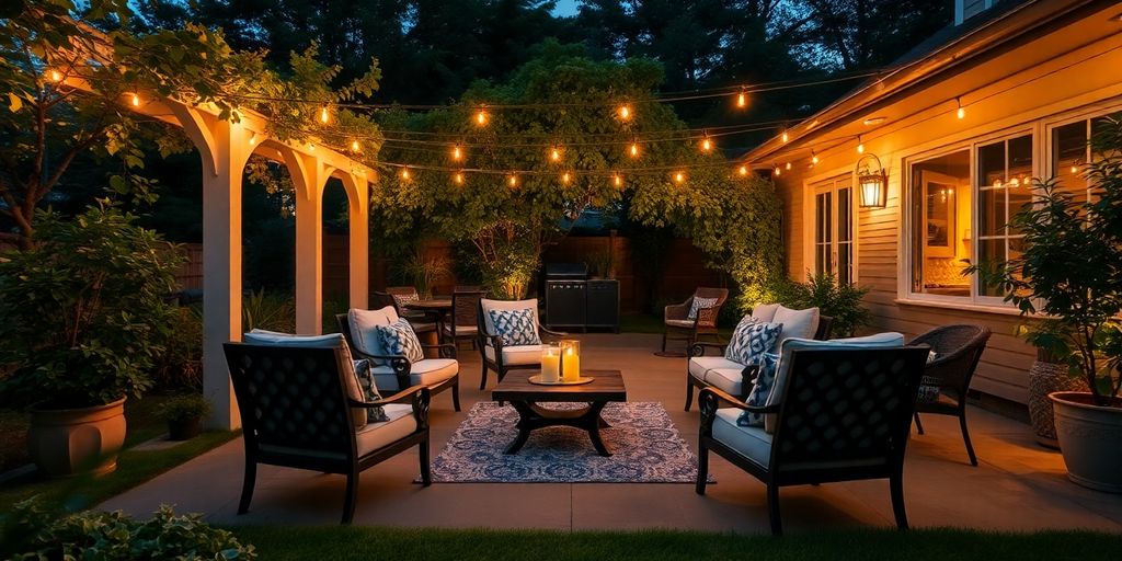 Cozy patio with warm outdoor lighting and furniture.