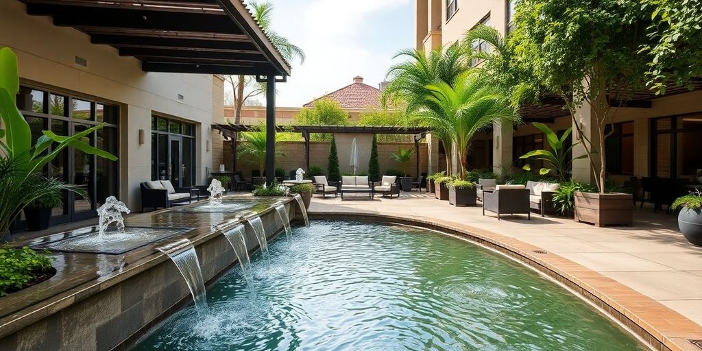 Elegant patio with water features and lush greenery.