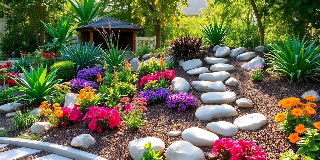 Lush garden with colorful flowers and natural stone pathways.
