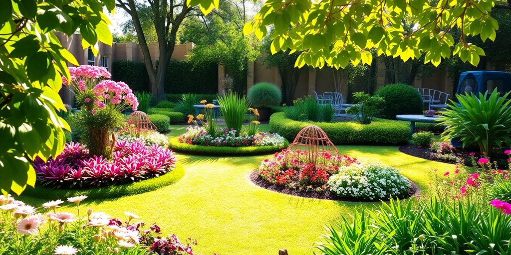 Lush gardens with colorful flowers and creative landscaping.