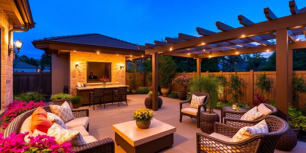 Elegant patio with shade solutions and decorative seating.