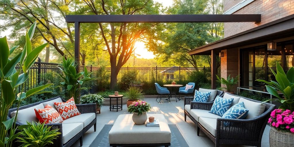 Elegant outdoor patio with seating and lush greenery.