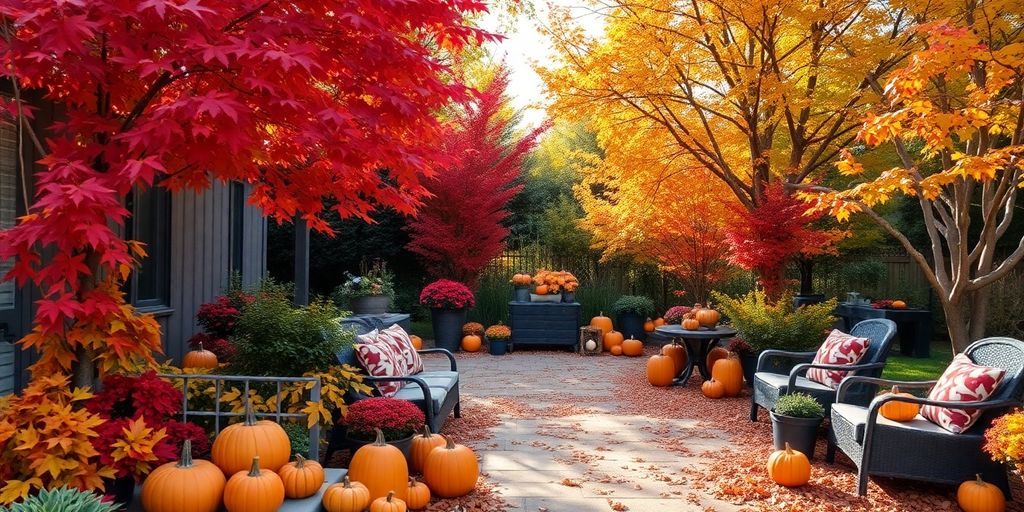 Cozy fall outdoor space with leaves and pumpkins.