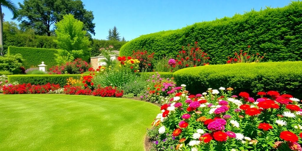 Colorful garden with flowers and a lush green lawn.