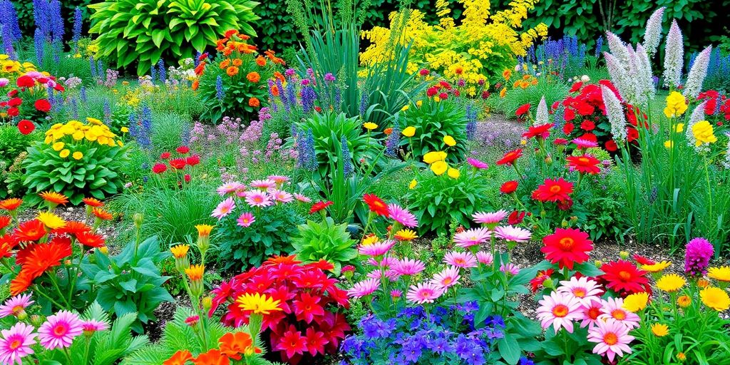 Colorful plants and flowers in a vibrant garden setting.