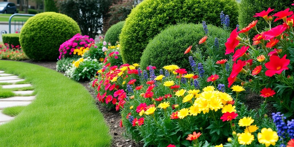 A vibrant, well-maintained landscaped garden with flowers.
