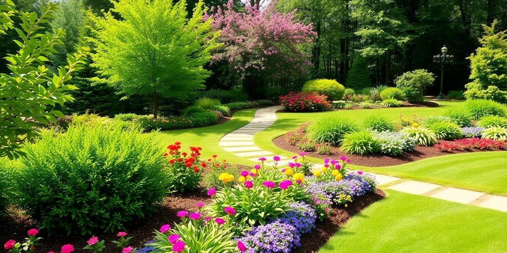 Lush landscaped garden with vibrant flowers and greenery.