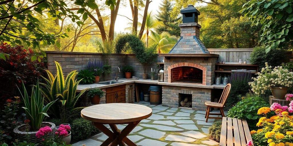Outdoor pizza oven surrounded by plants and wooden furniture.