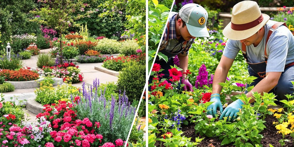 Split image of professional and DIY landscaping approaches.