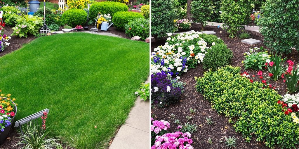 A colorful garden with tools for landscaping.