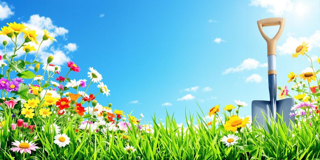 Colorful spring garden with blooming flowers and tools.