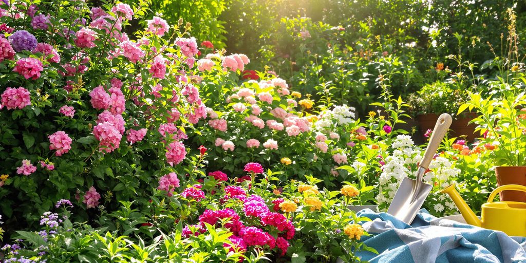 Colorful garden scene with blooming flowers and gardening tools.