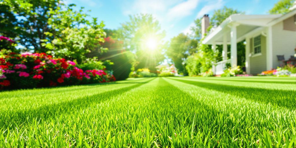 Lush green lawn with fresh mowing lines under sunlight.
