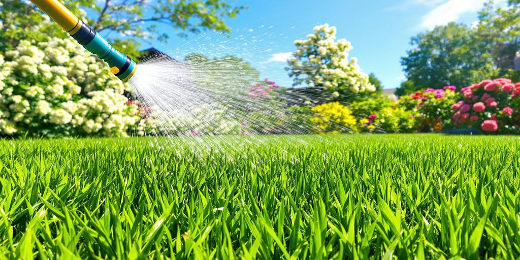 Lush green lawn being watered under bright sunlight.