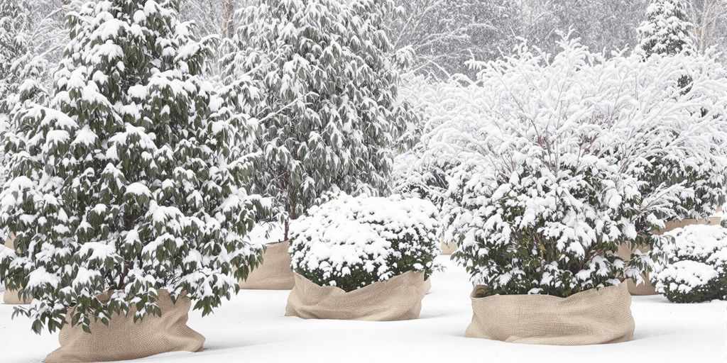 Winter landscape with snow-covered trees and protective wraps.